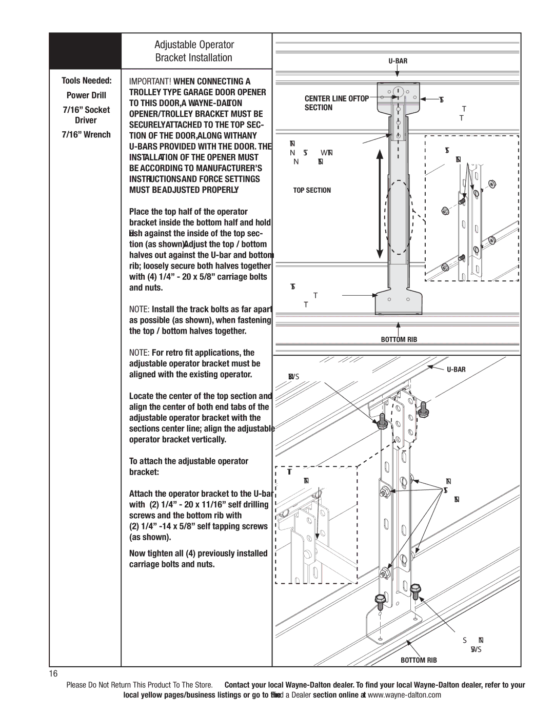 Wayne-Dalton 6100 installation instructions Adjustable Operator, Bracket Installation 