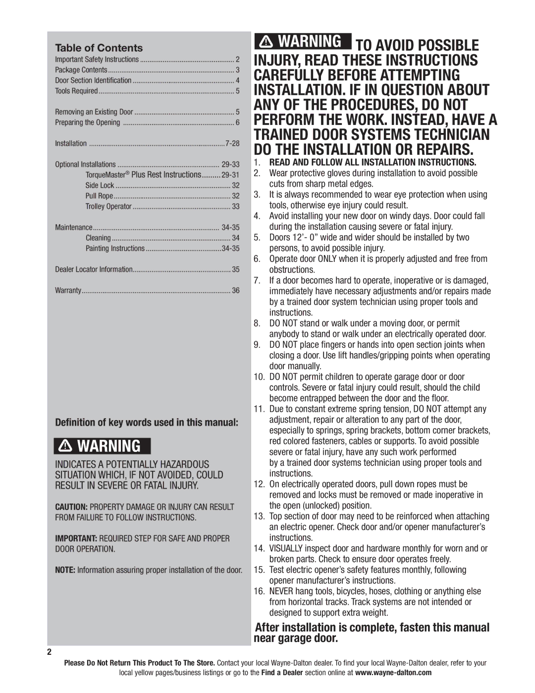 Wayne-Dalton 6100 installation instructions Table of Contents 