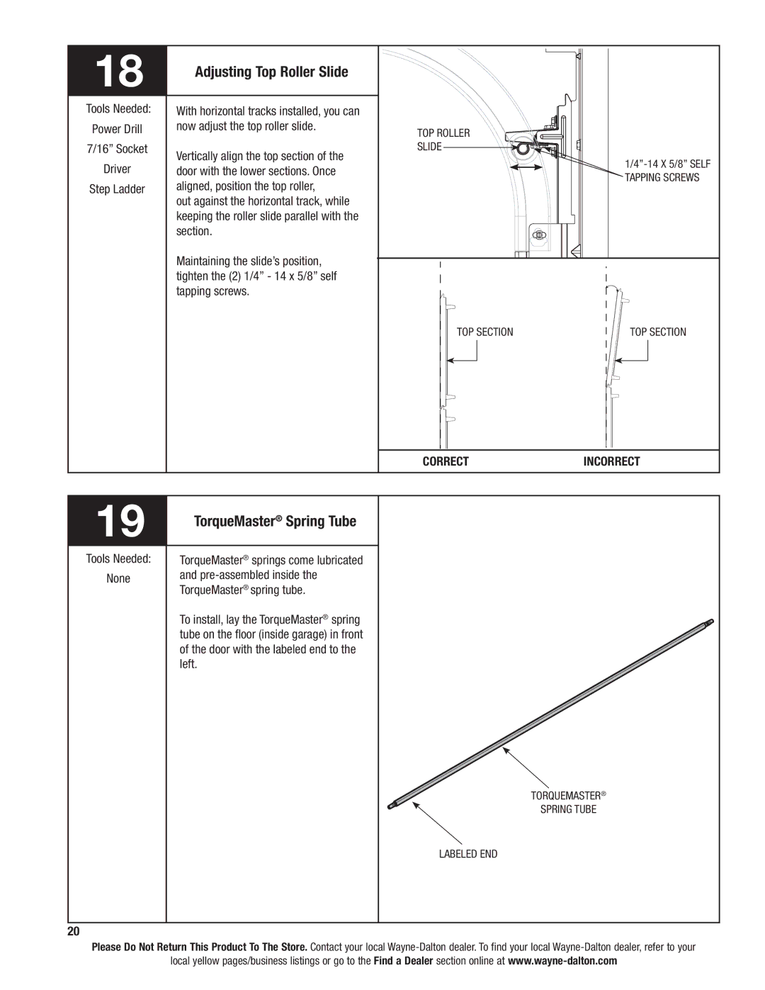 Wayne-Dalton 6100 installation instructions TorqueMaster Spring Tube, Correct Incorrect 