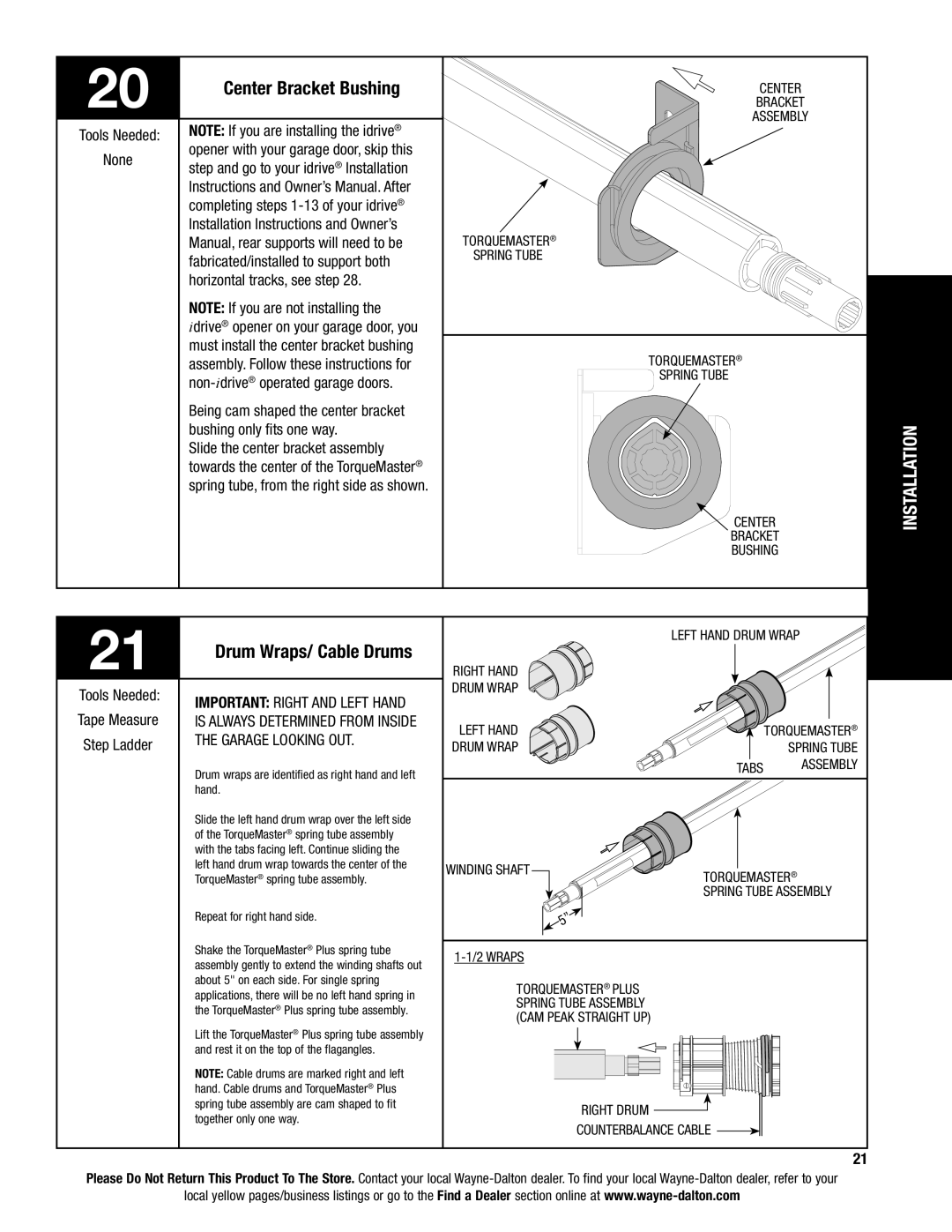 Wayne-Dalton 6100 installation instructions Center Bracket Bushing, Drum Wraps/ Cable Drums, Garage Looking OUT 