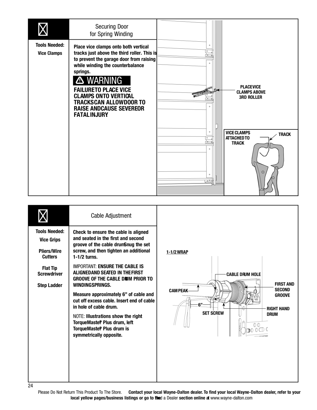 Wayne-Dalton 6100 installation instructions Securing Door, For Spring Winding, Cable Adjustment, Winding Springs 