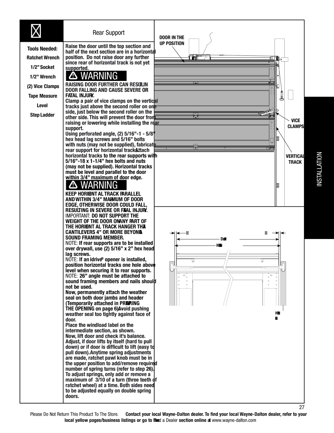 Wayne-Dalton 6100 installation instructions Rear Support, Important do not Support, Sound Framing Member 