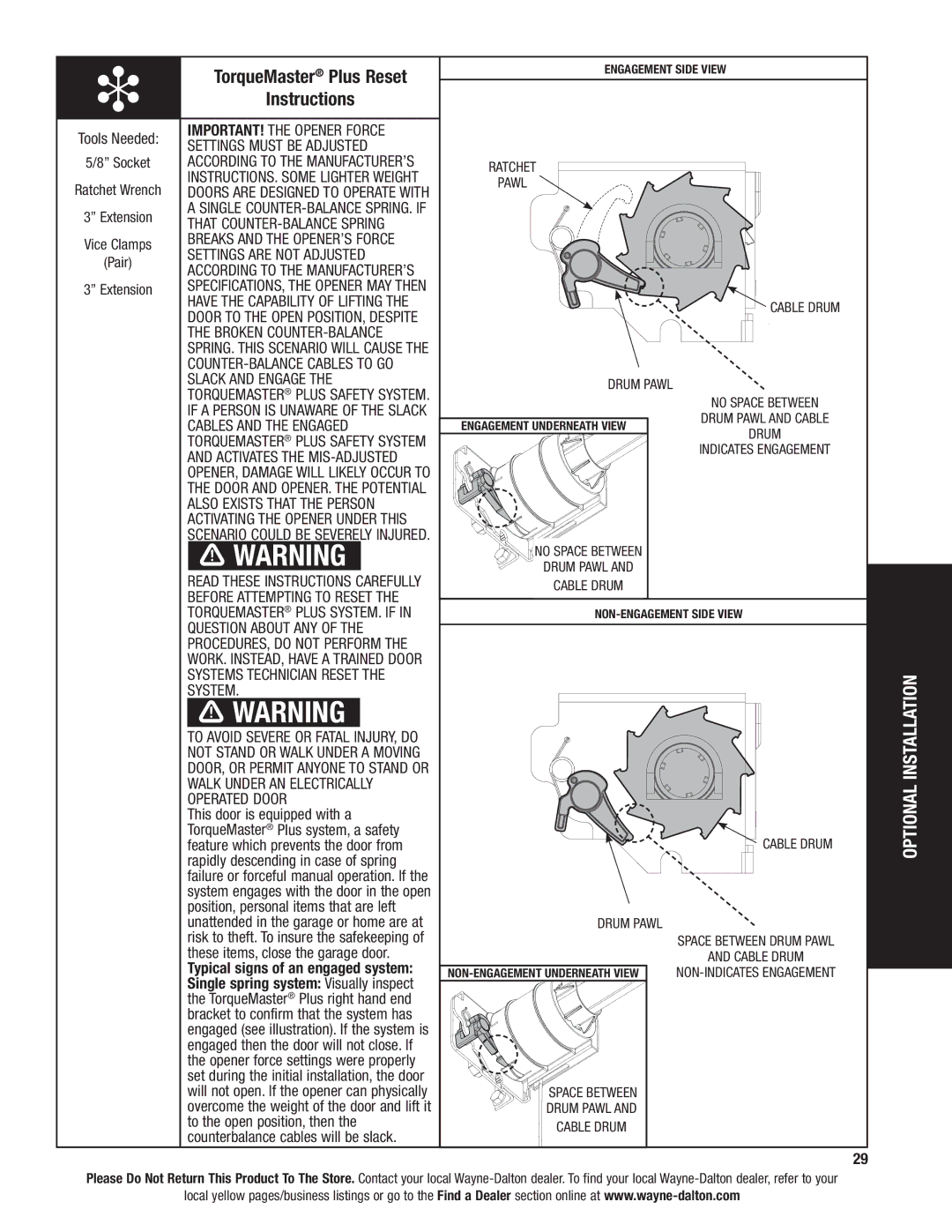 Wayne-Dalton 6100 installation instructions TorqueMaster Plus Reset, Instructions 