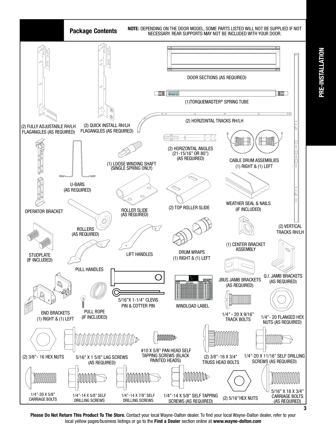 Wayne-Dalton 6100 installation instructions Package Contents, Pre-Installation 