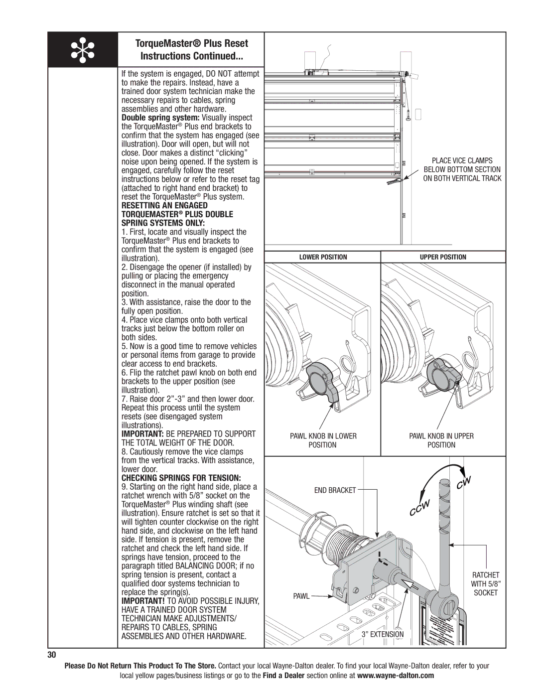 Wayne-Dalton 6100 installation instructions Resetting AN Engaged, Torquemaster Plus Double, Spring Systems only 