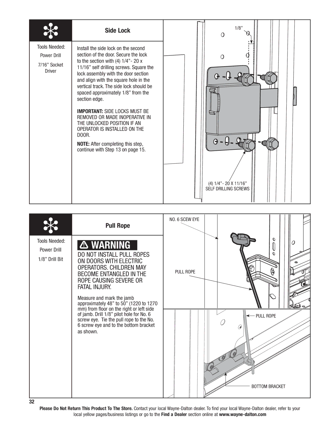 Wayne-Dalton 6100 installation instructions Side Lock, Pull Rope 