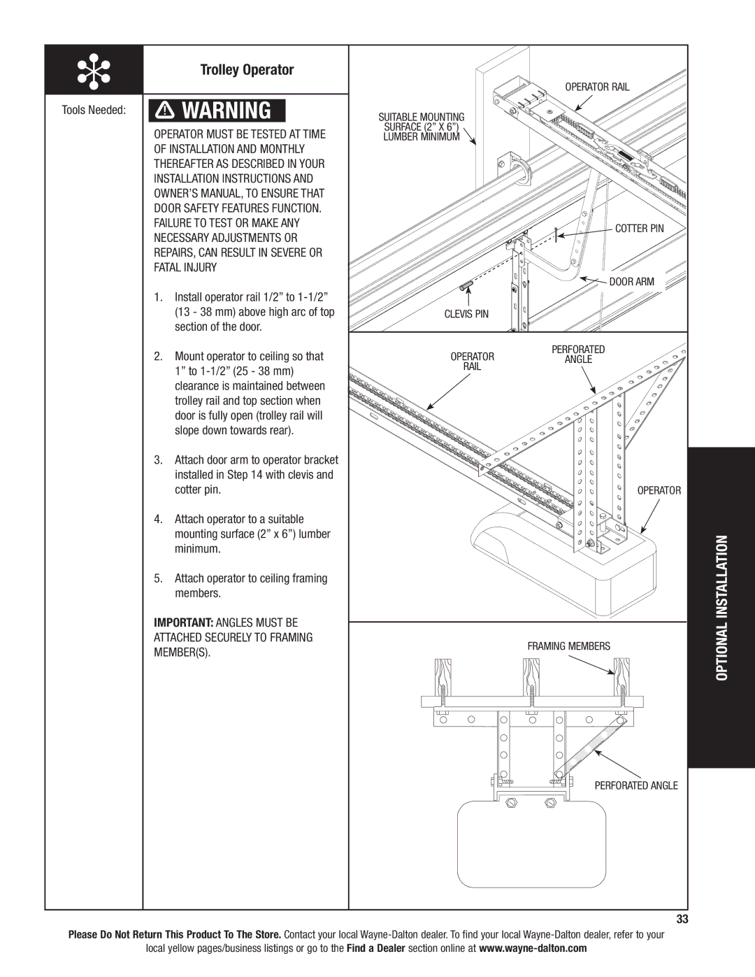 Wayne-Dalton 6100 installation instructions Trolley Operator, Operator Rail, Operator Framing Members Perforated Angle 