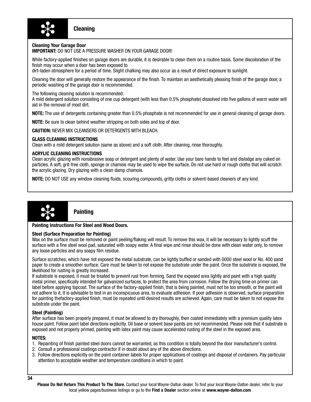 Wayne-Dalton 6100 installation instructions Cleaning, Painting, Important do not USE a Pressure Washer on Your Garage Door 