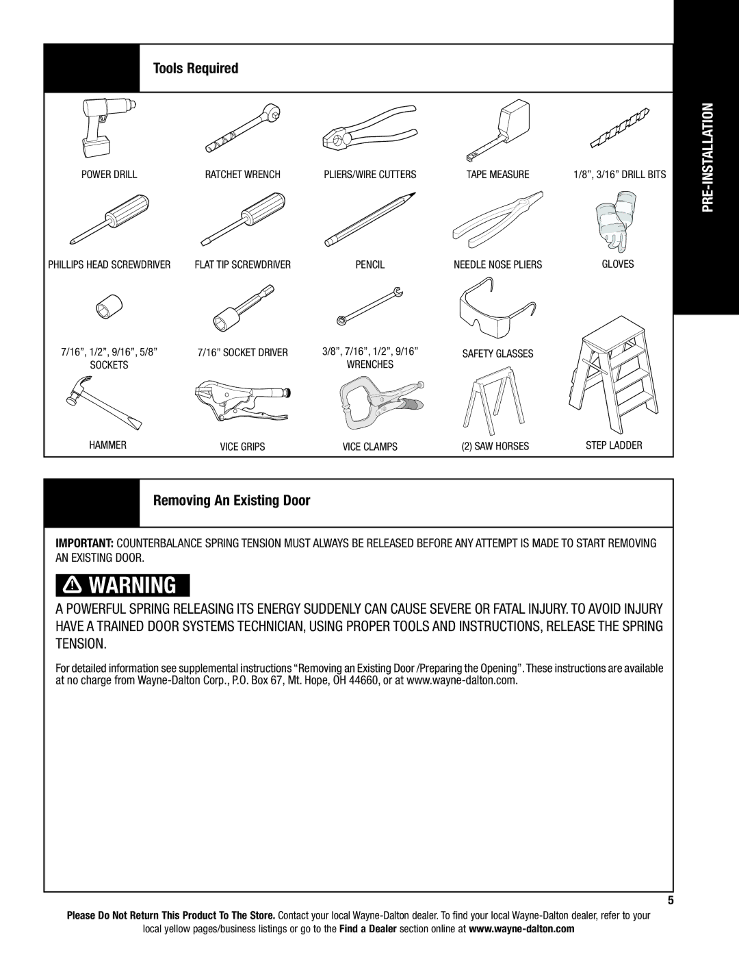 Wayne-Dalton 6100 installation instructions Tools Required, Removing An Existing Door 