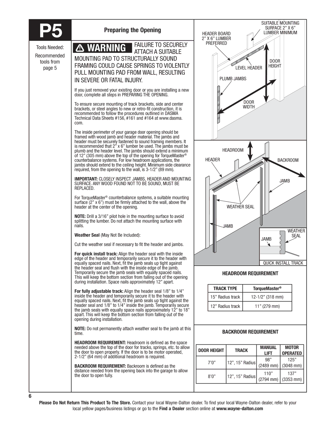 Wayne-Dalton 6100 Preparing the Opening, Failure to securely, Attach a suitable, Mounting pad to structurally sound 