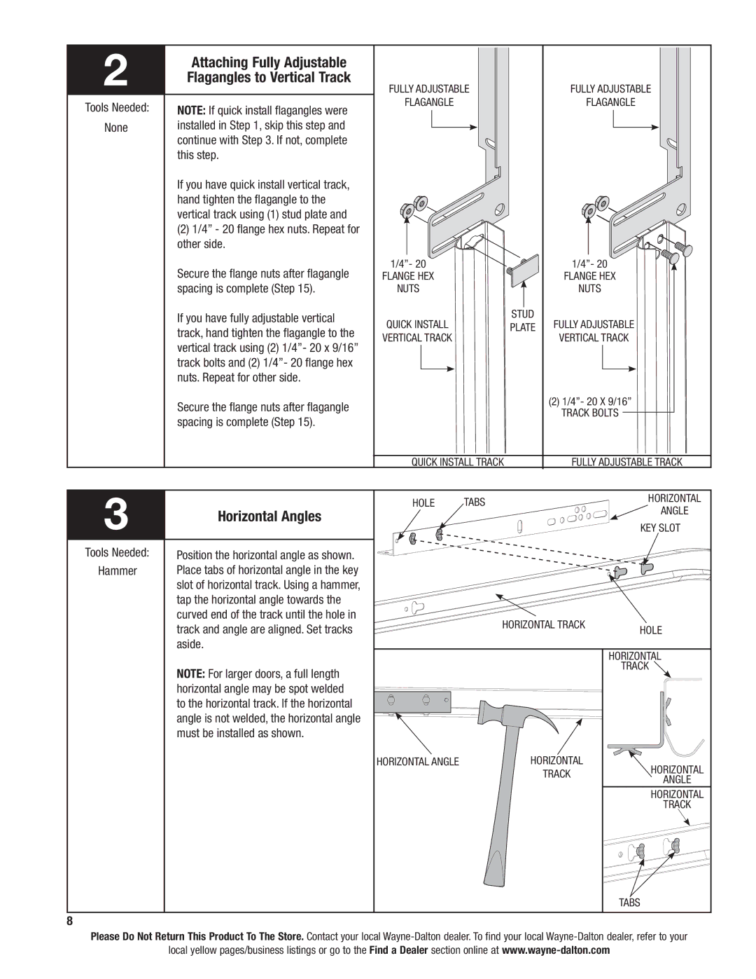 Wayne-Dalton 6100 installation instructions Attaching Fully Adjustable, Flagangles to Vertical Track, Horizontal Angles 