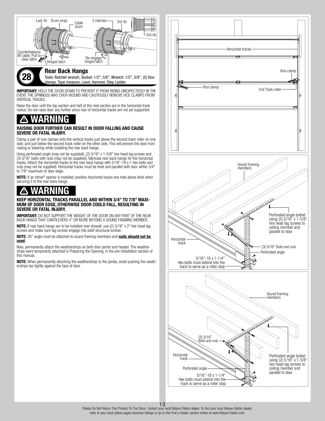 Wayne-Dalton 6100 installation instructions Rear Back Hangs, Ceiling member, 16-18 x 1-1/4 Parallel to door 