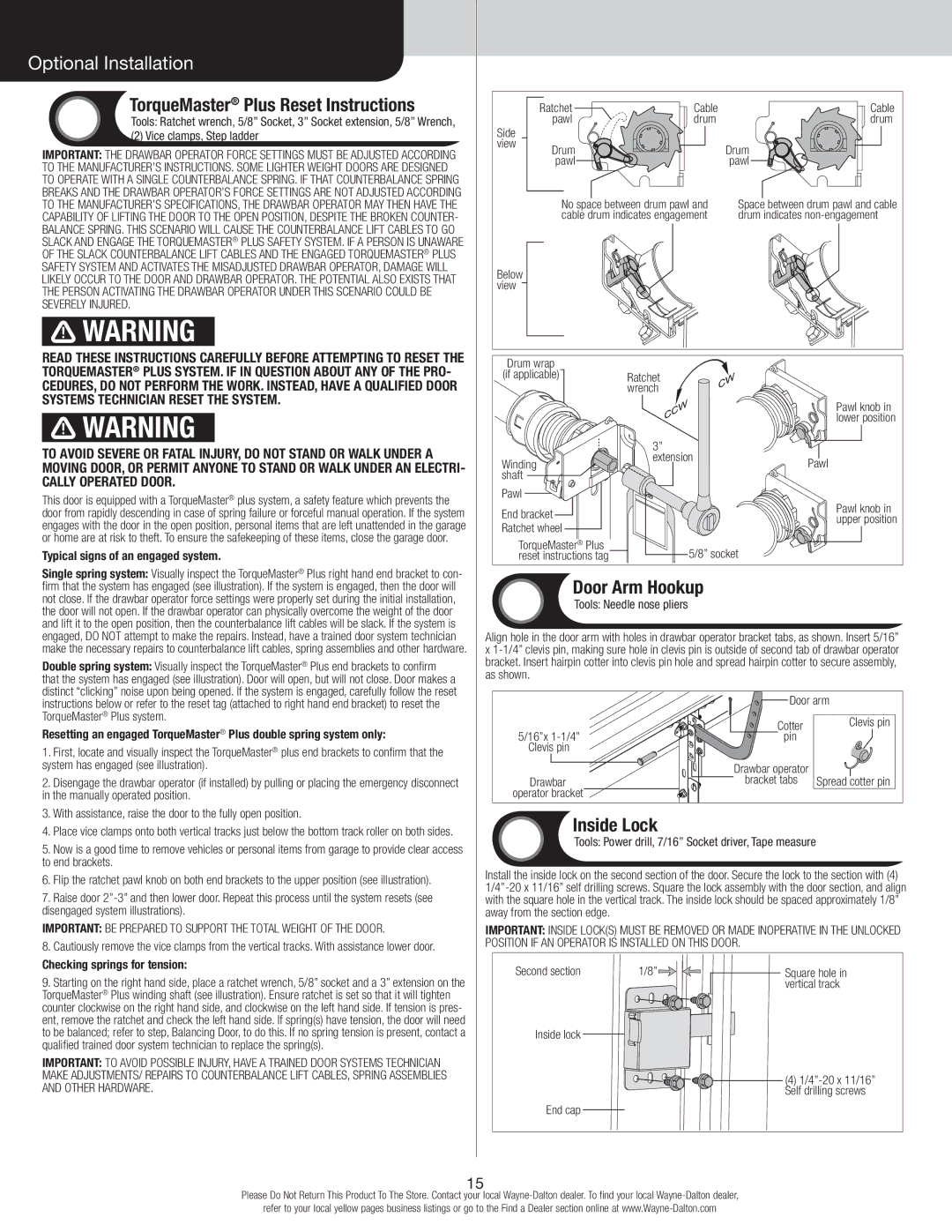 Wayne-Dalton 6100 installation instructions TorqueMaster Plus Reset Instructions, Door Arm Hookup, Inside Lock 