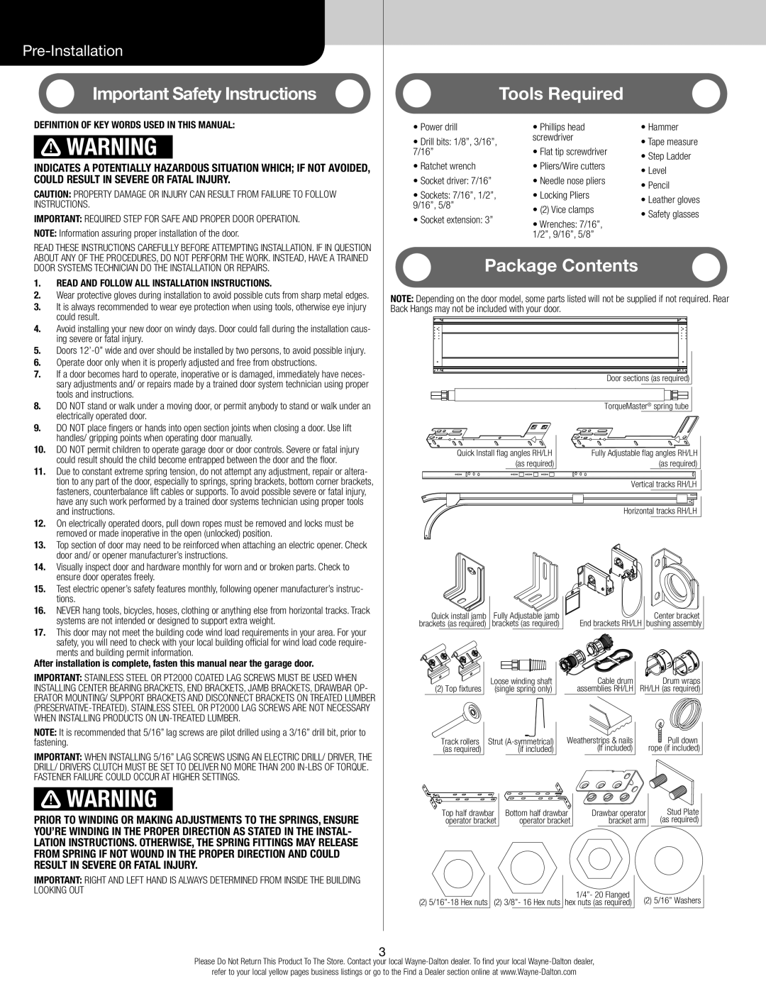 Wayne-Dalton 6100 installation instructions Important Safety Instructions Tools Required 