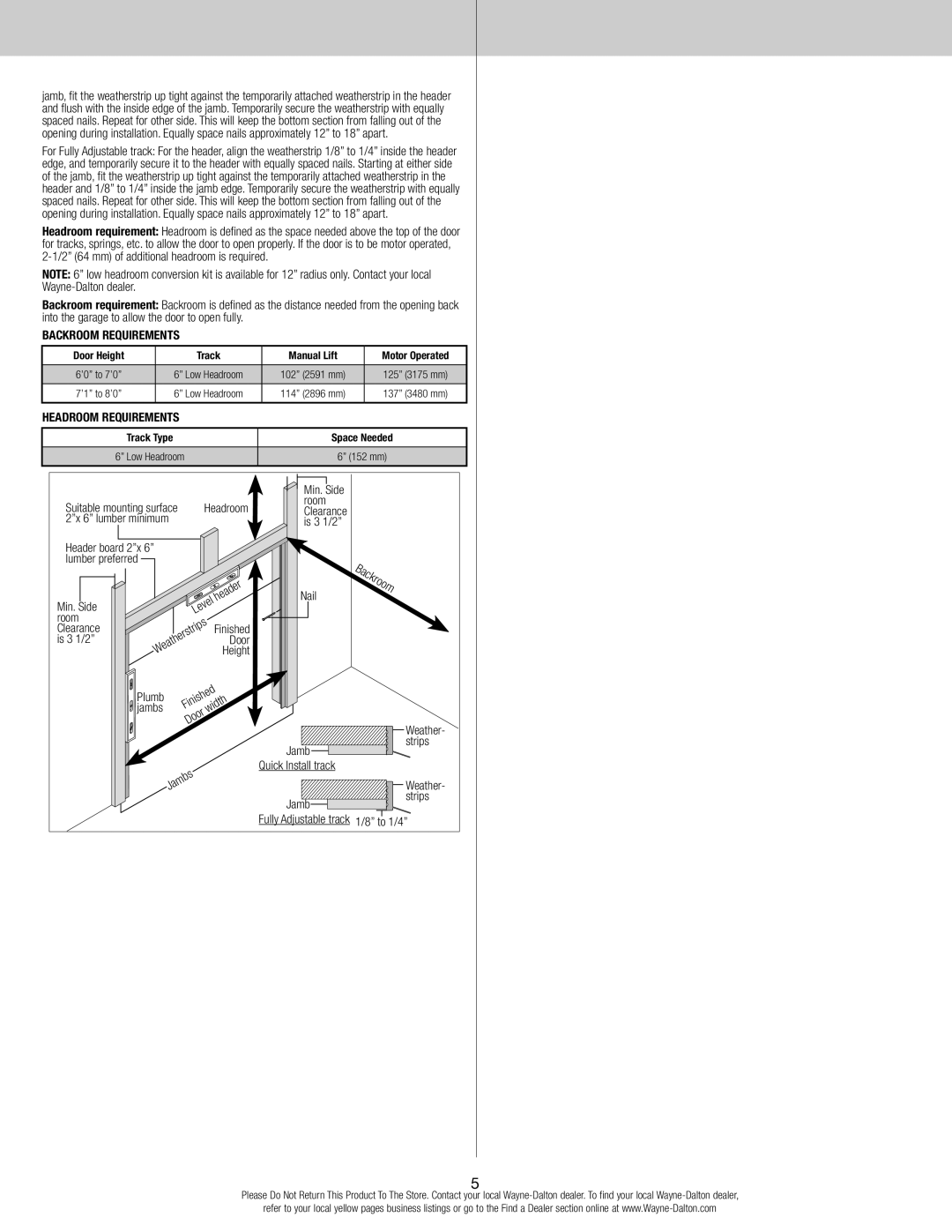 Wayne-Dalton 6100 installation instructions Backroom, Headroom Requirements 