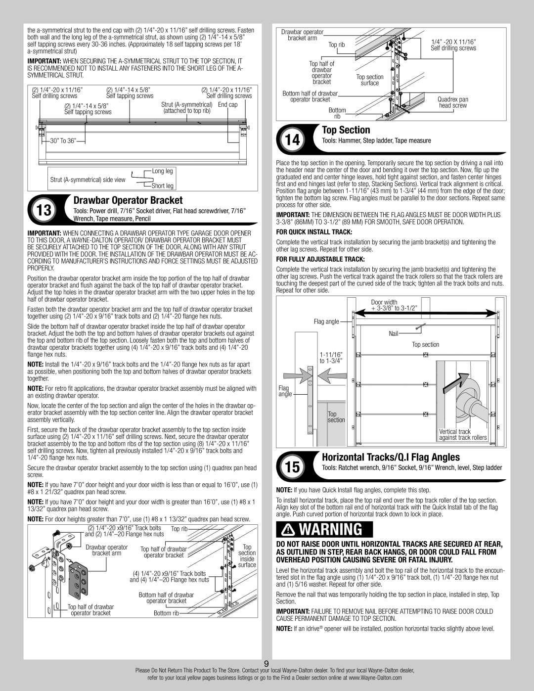 Wayne-Dalton 6100 installation instructions Top Section, Drawbar Operator Bracket, Horizontal Tracks/Q.I Flag Angles 