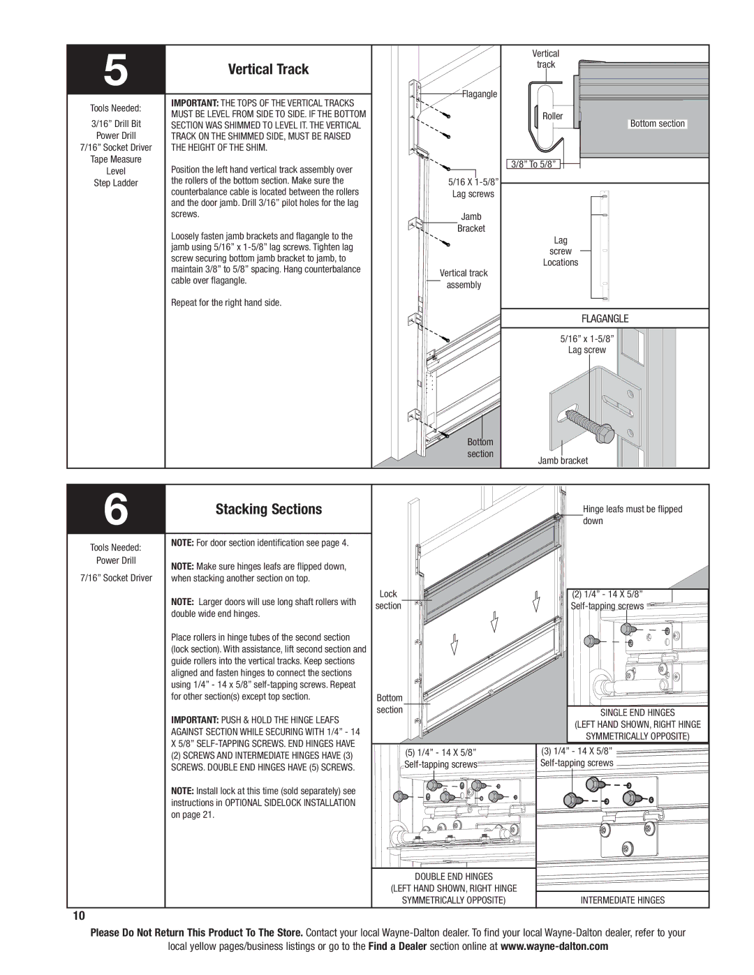 Wayne-Dalton 6100 installation instructions Vertical Track, Stacking Sections, Flagangle 