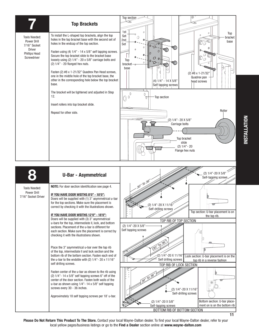 Wayne-Dalton 6100 installation instructions Top Brackets, Bar Asymmetrical, Top rib of top section, Top rib of lock section 