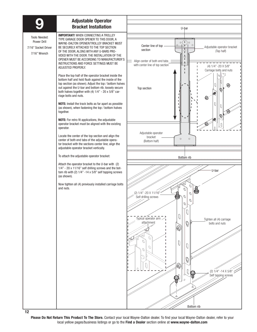 Wayne-Dalton 6100 installation instructions Adjustable Operator, Bracket Installation, Adjusted Properly 