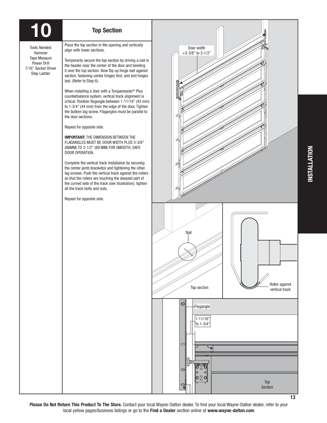 Wayne-Dalton 6100 installation instructions Top Section, Important the Dimension Between, Door Operation 