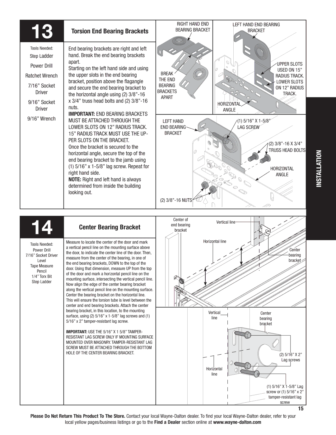 Wayne-Dalton 6100 installation instructions Center Bearing Bracket 