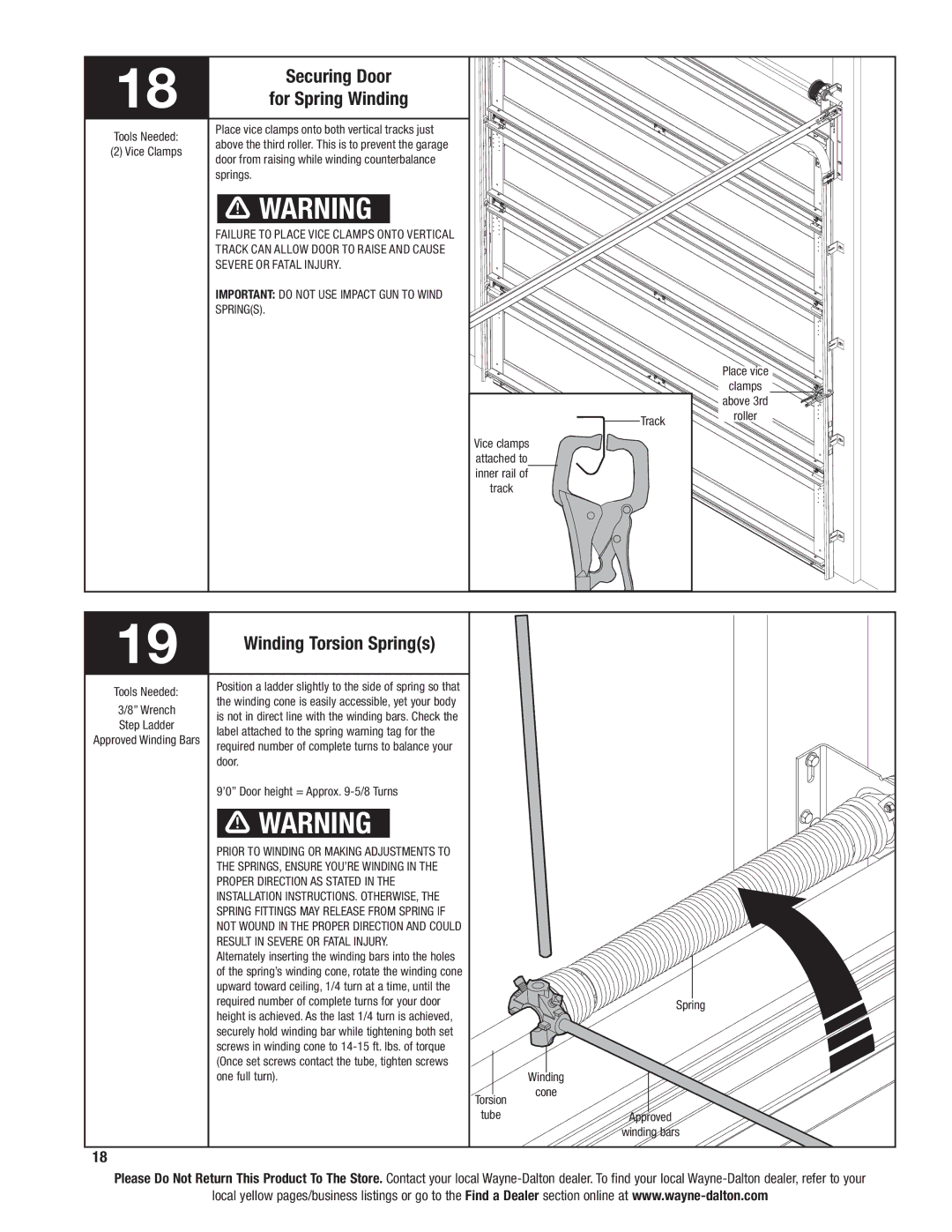 Wayne-Dalton 6100 installation instructions Securing Door, Winding Torsion Springs 