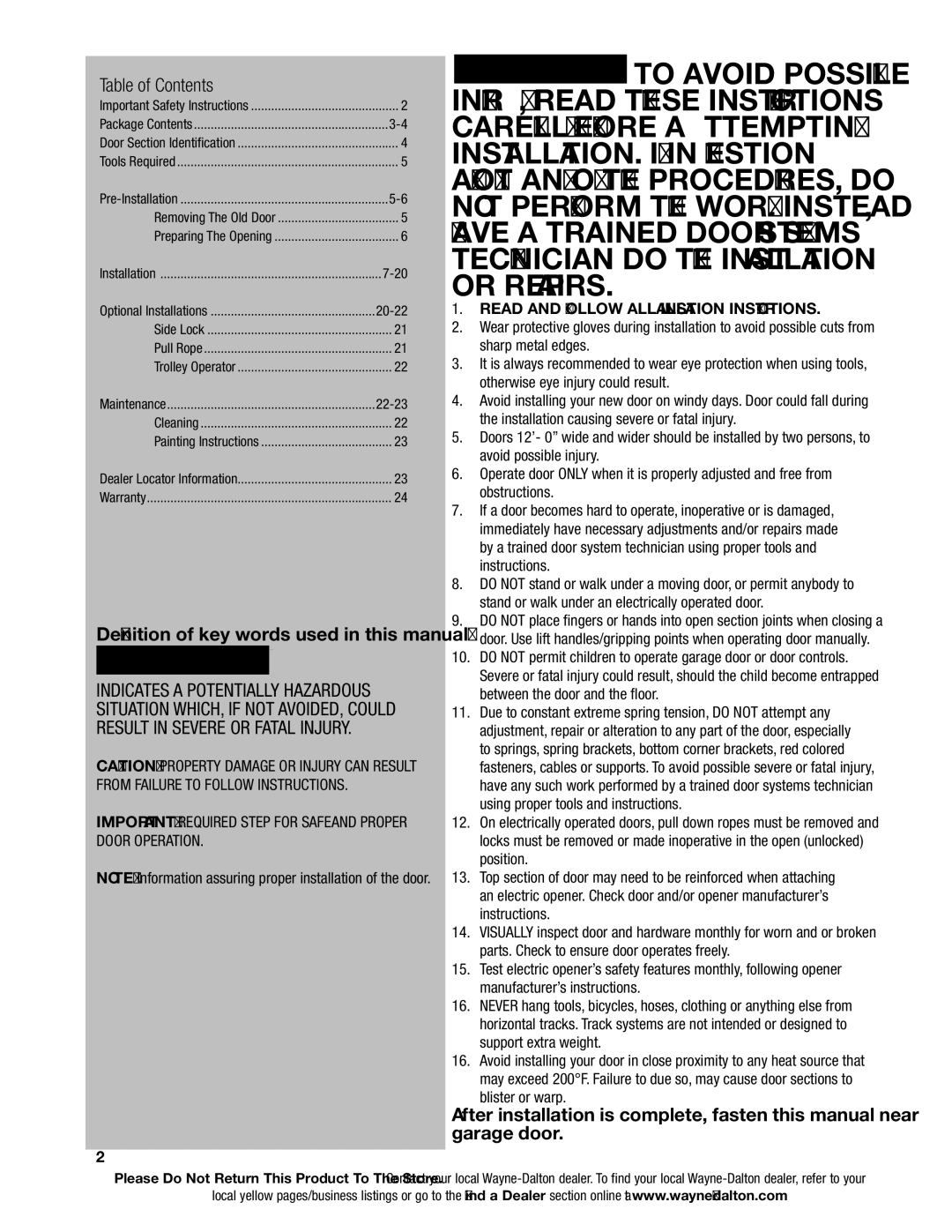 Wayne-Dalton 6100 installation instructions Table of Contents 