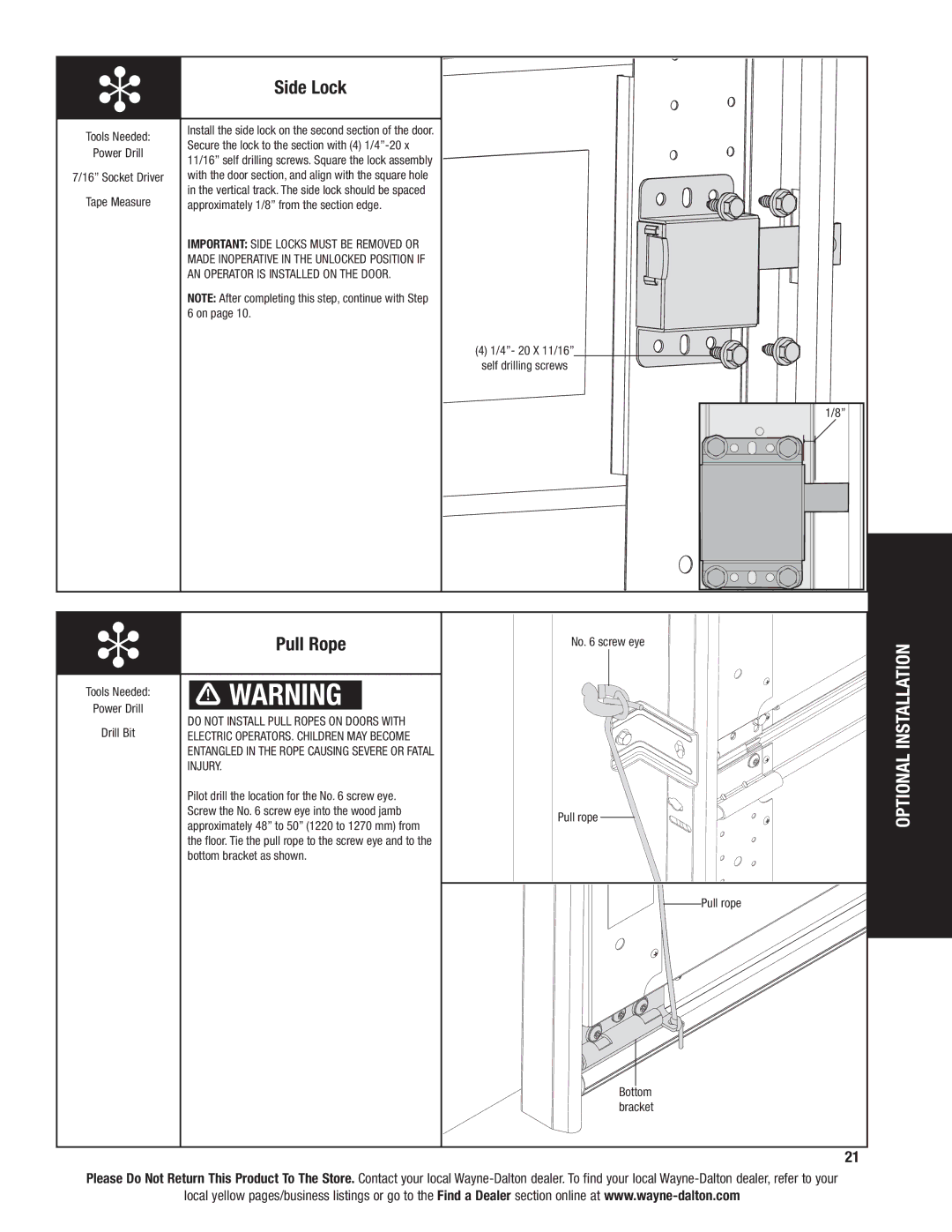 Wayne-Dalton 6100 installation instructions Side Lock, Pull Rope, Injury 