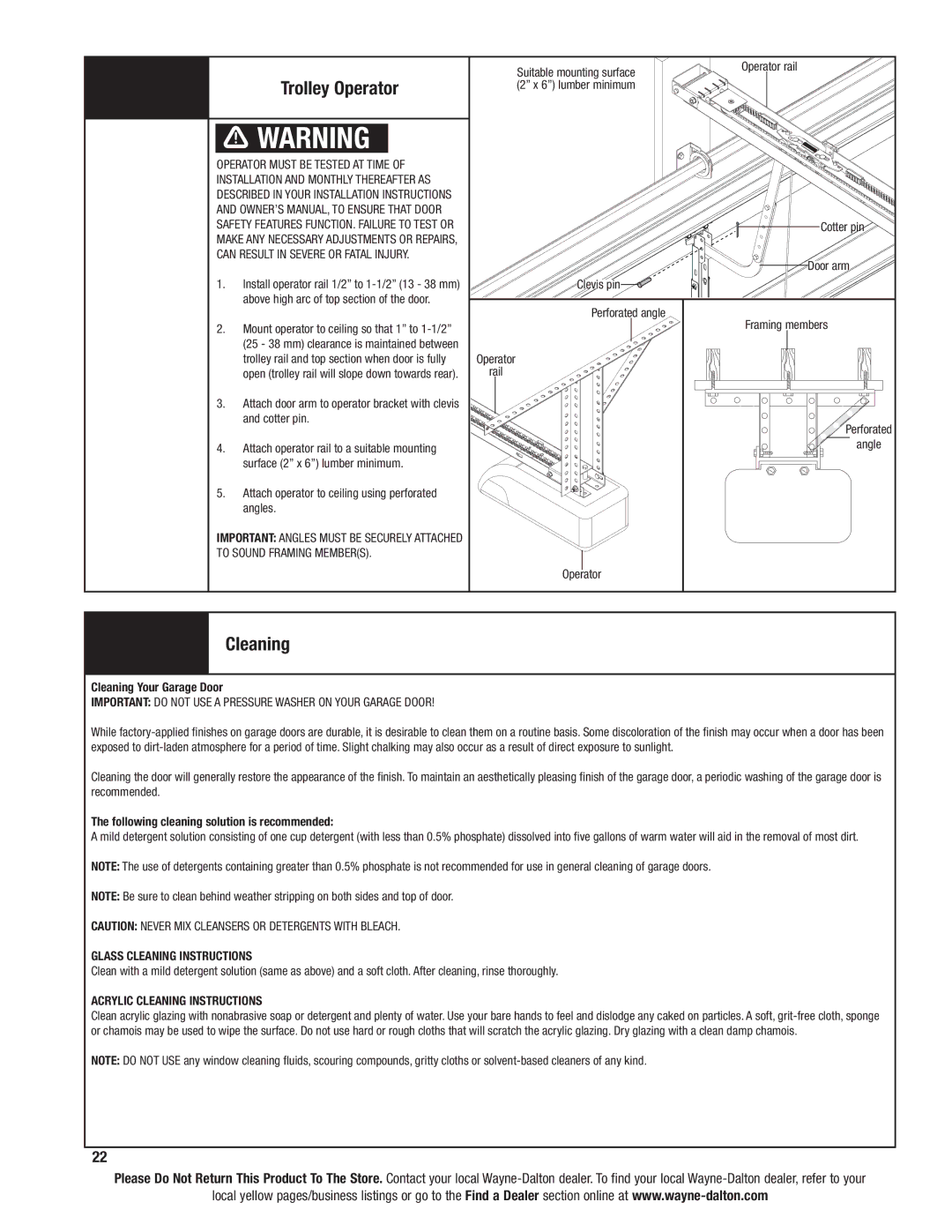 Wayne-Dalton 6100 installation instructions Trolley Operator, Cleaning 