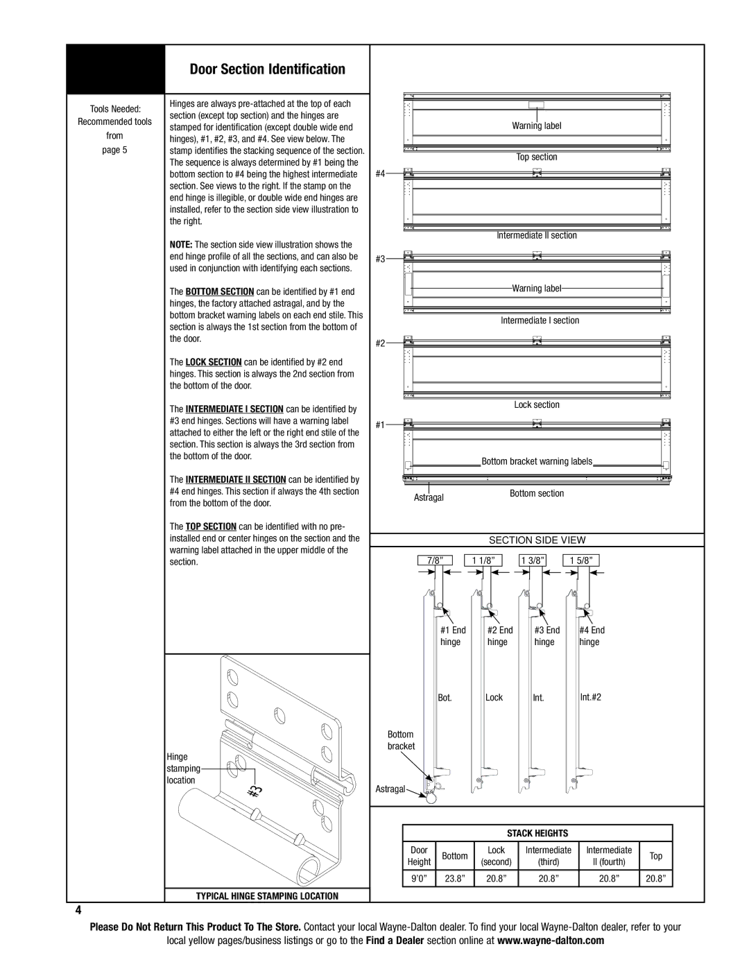 Wayne-Dalton 6100 installation instructions Door Section Identification 