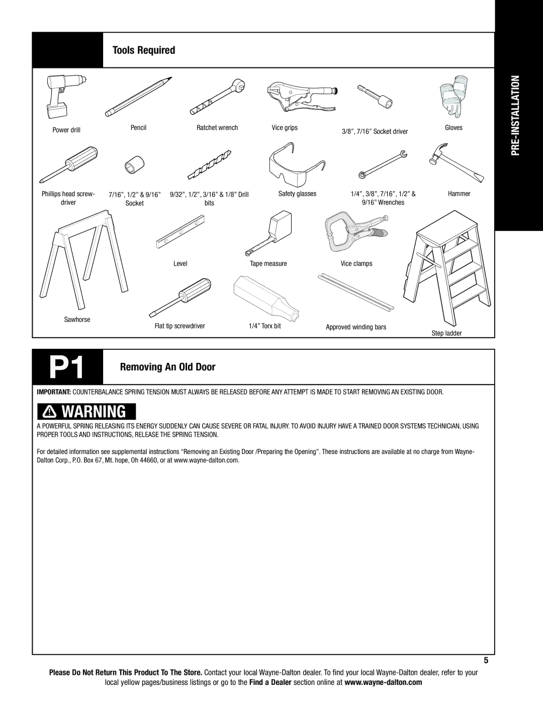 Wayne-Dalton 6100 installation instructions Tools Required, Removing An Old Door 