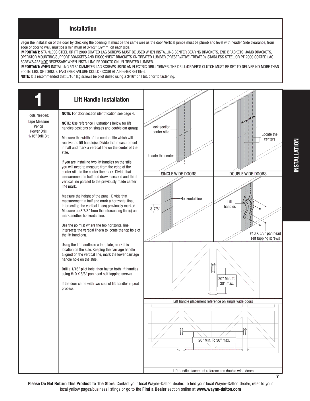 Wayne-Dalton 6100 installation instructions Lift Handle Installation, Single wide doors 