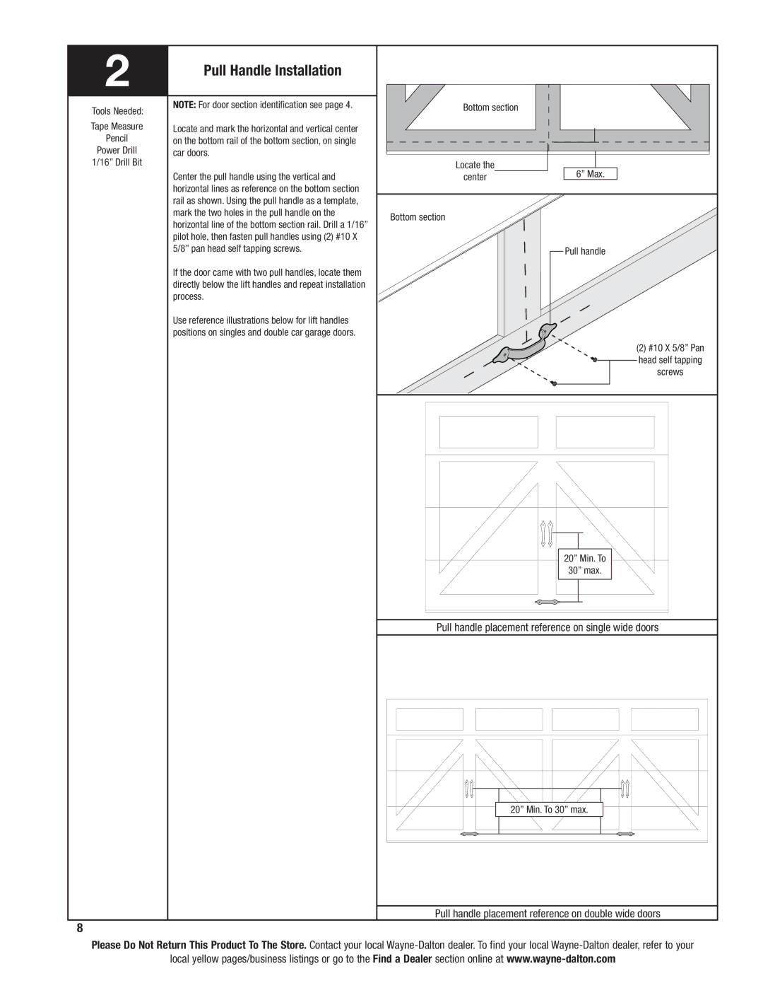 Wayne-Dalton 6100 installation instructions Pull Handle Installation, Pull handle placement reference on single wide doors 