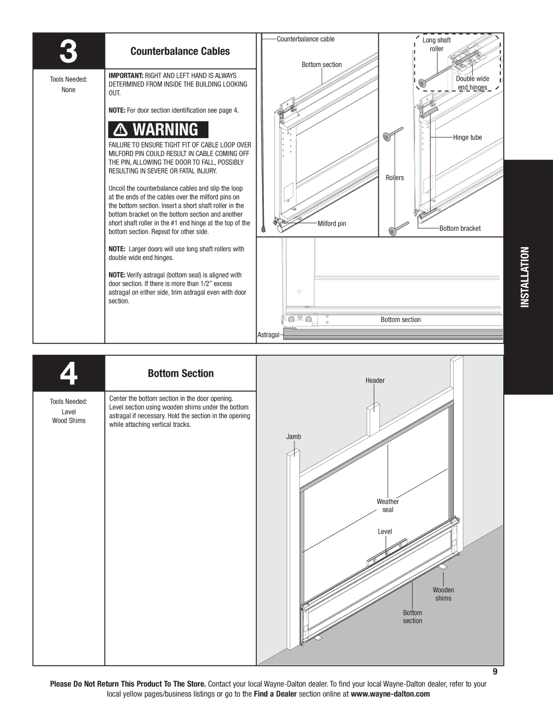 Wayne-Dalton 6100 installation instructions Counterbalance Cables, Bottom Section 