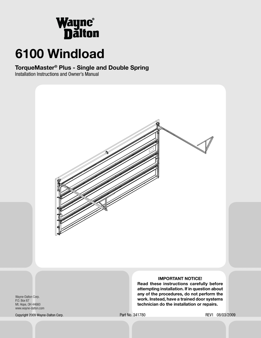 Wayne-Dalton 6100 installation instructions Windload, TorqueMaster Plus - Single and Double Spring 