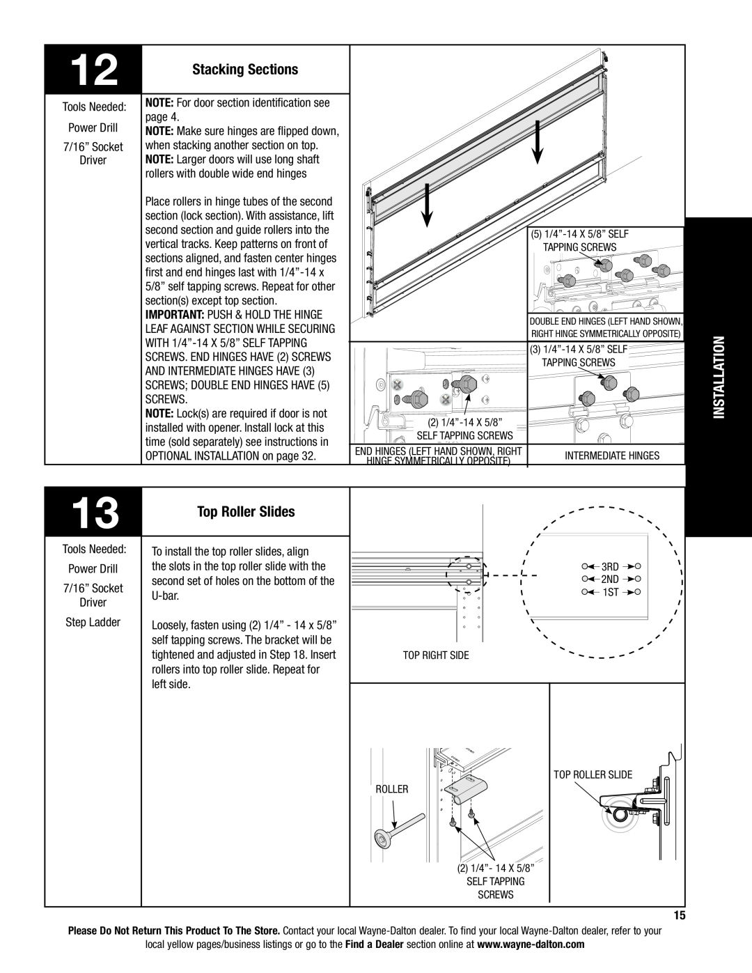 Wayne-Dalton 6100 installation instructions Stacking Sections, Top Roller Slides, Installation 