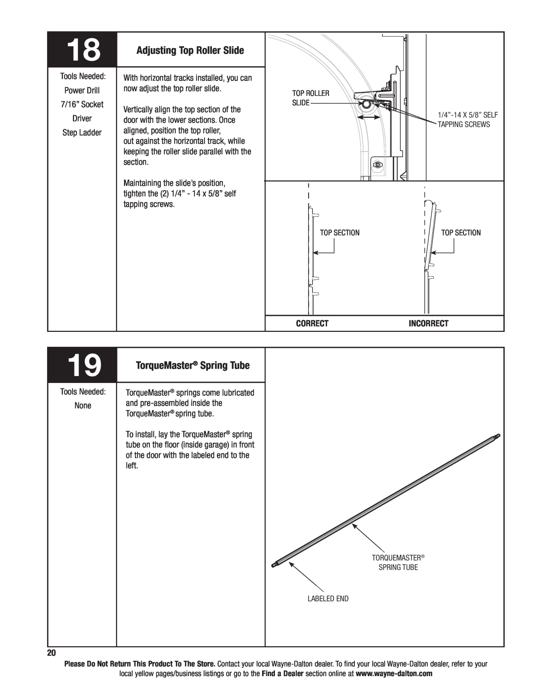 Wayne-Dalton 6100 installation instructions TorqueMaster Spring Tube, Adjusting Top Roller Slide 