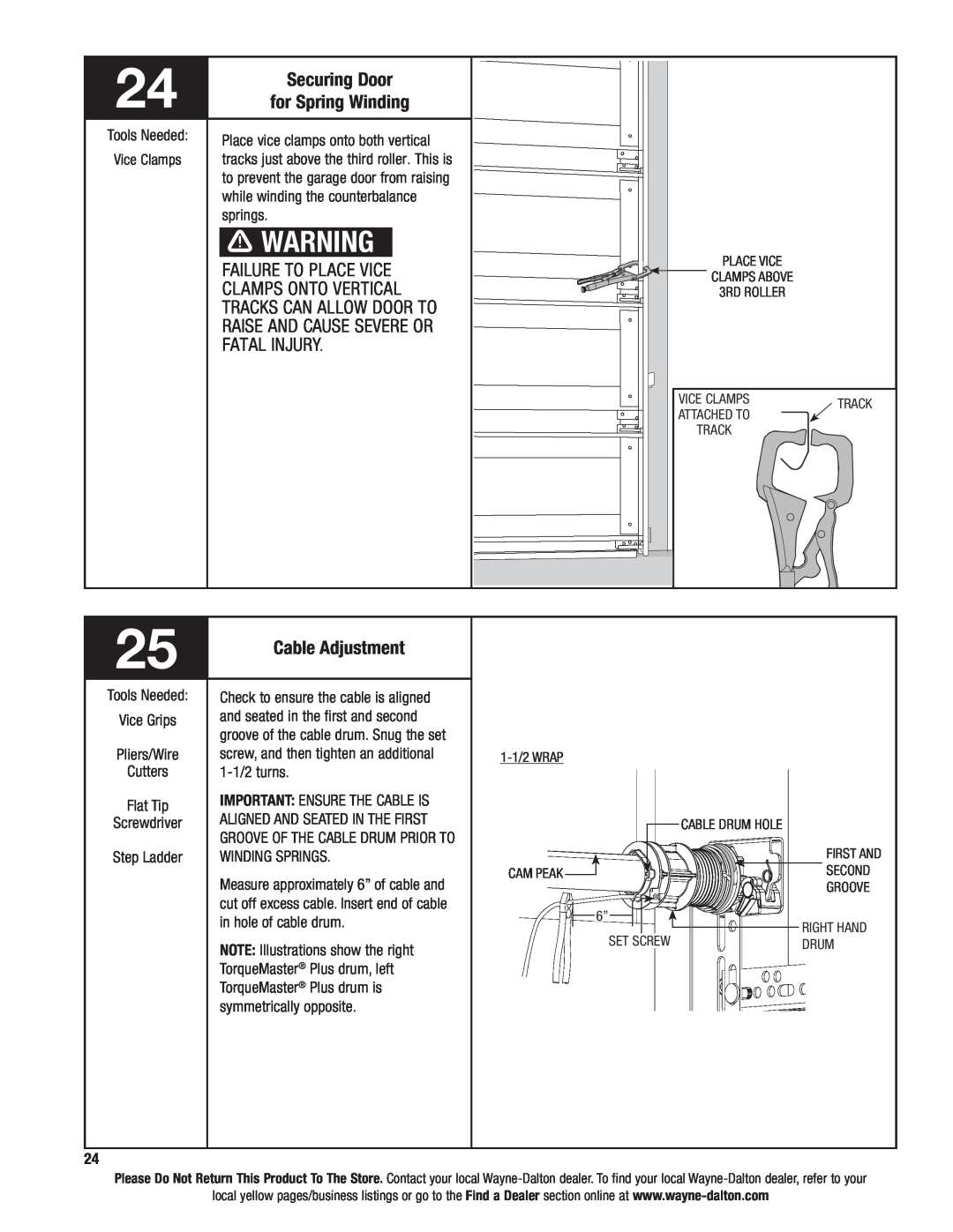 Wayne-Dalton 6100 installation instructions Securing Door, for Spring Winding, Cable Adjustment 
