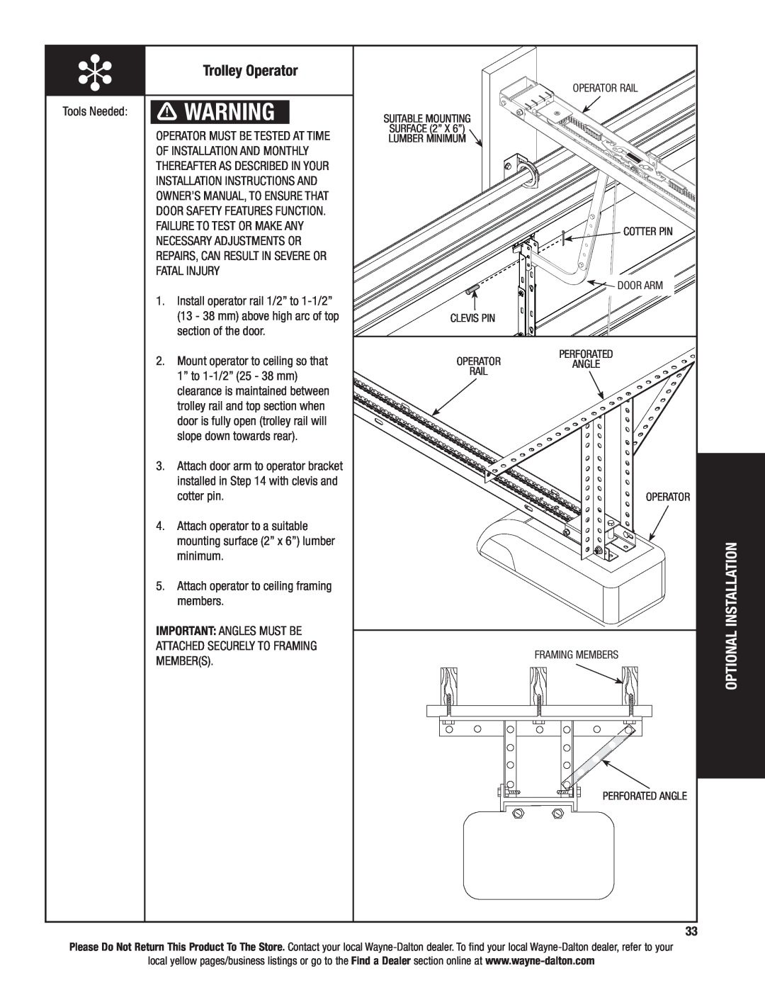 Wayne-Dalton 6100 installation instructions Trolley Operator, Optional INSTALLATION 