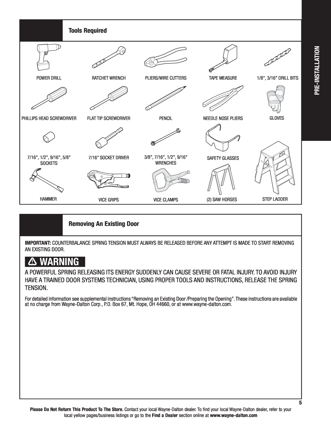 Wayne-Dalton 6100 installation instructions Tools Required, Removing An Existing Door, Pre-Installation 