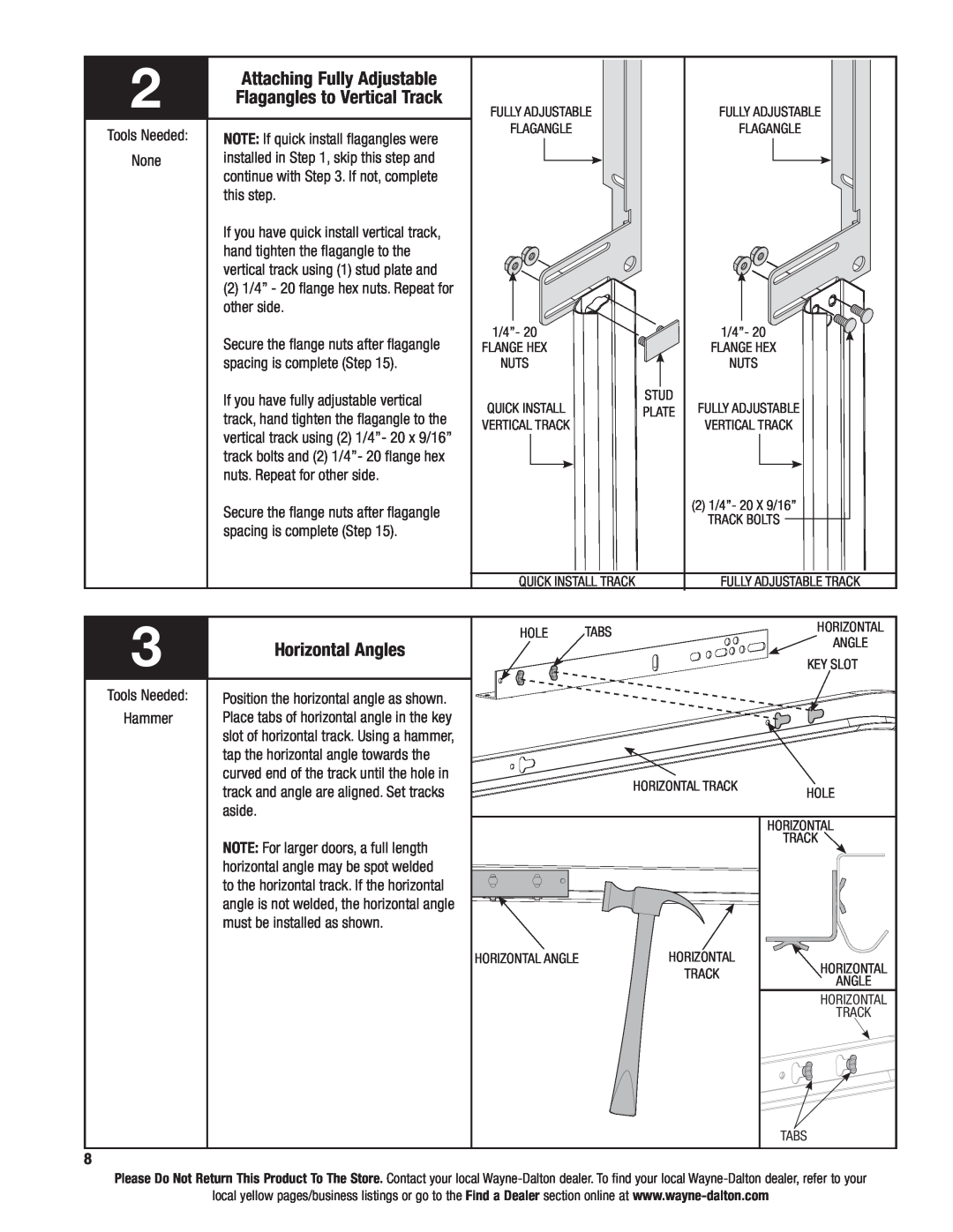 Wayne-Dalton 6100 installation instructions Attaching Fully Adjustable, Flagangles to Vertical Track, Horizontal Angles 