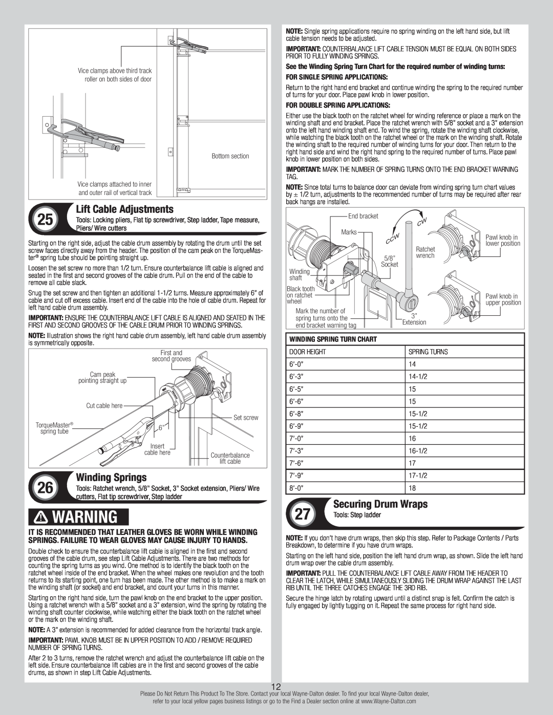 Wayne-Dalton 6100 installation instructions Lift Cable Adjustments, Winding Springs, Securing Drum Wraps 