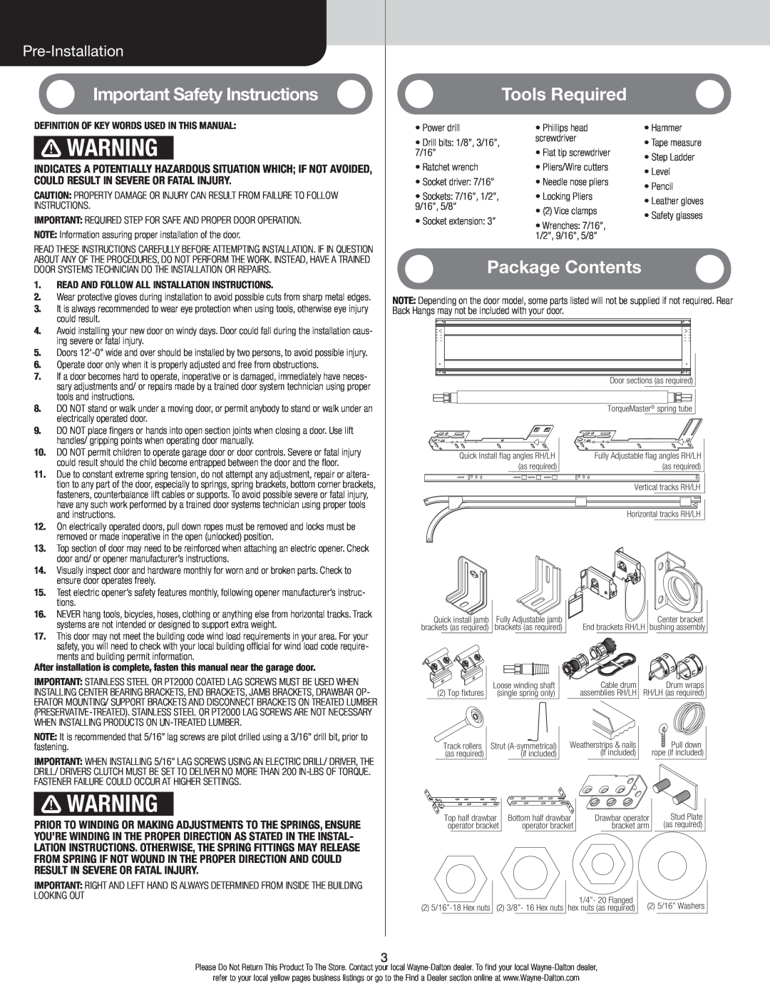 Wayne-Dalton 6100 Important Safety Instructions, Tools Required, Package Contents, Pre-Installation 