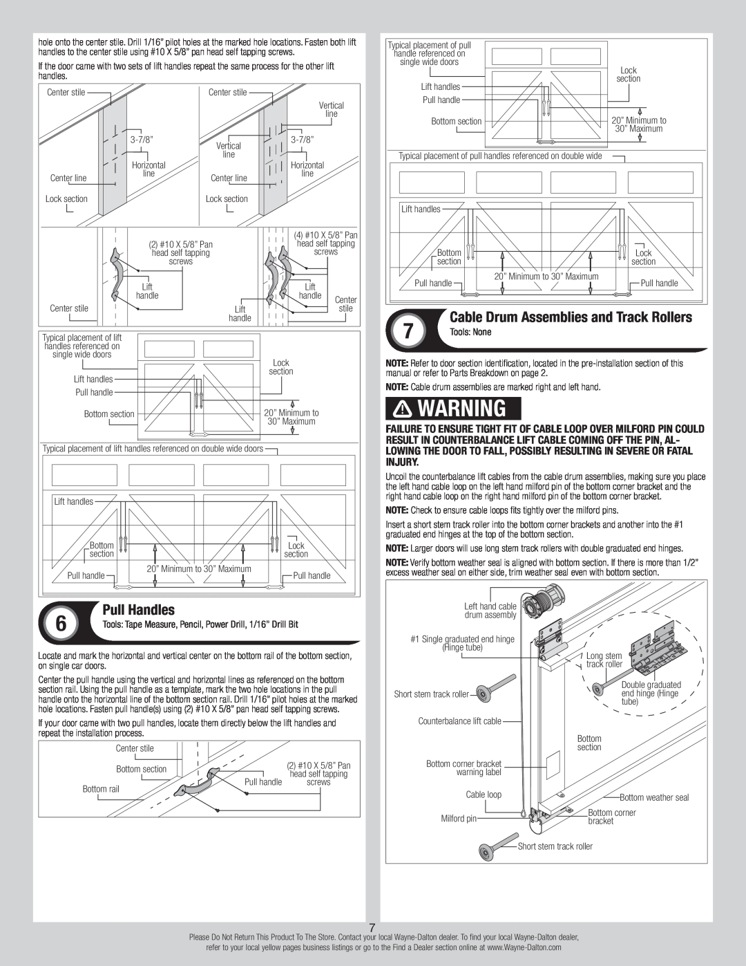 Wayne-Dalton 6100 installation instructions Pull Handles, Cable Drum Assemblies and Track Rollers 