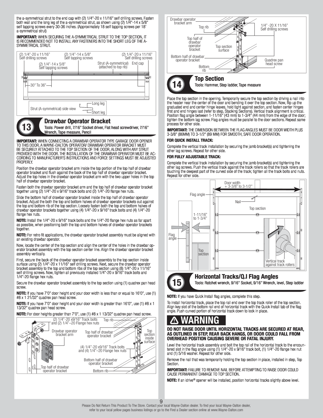 Wayne-Dalton 6100 installation instructions Top Section, Drawbar Operator Bracket, Horizontal Tracks/Q.I Flag Angles 