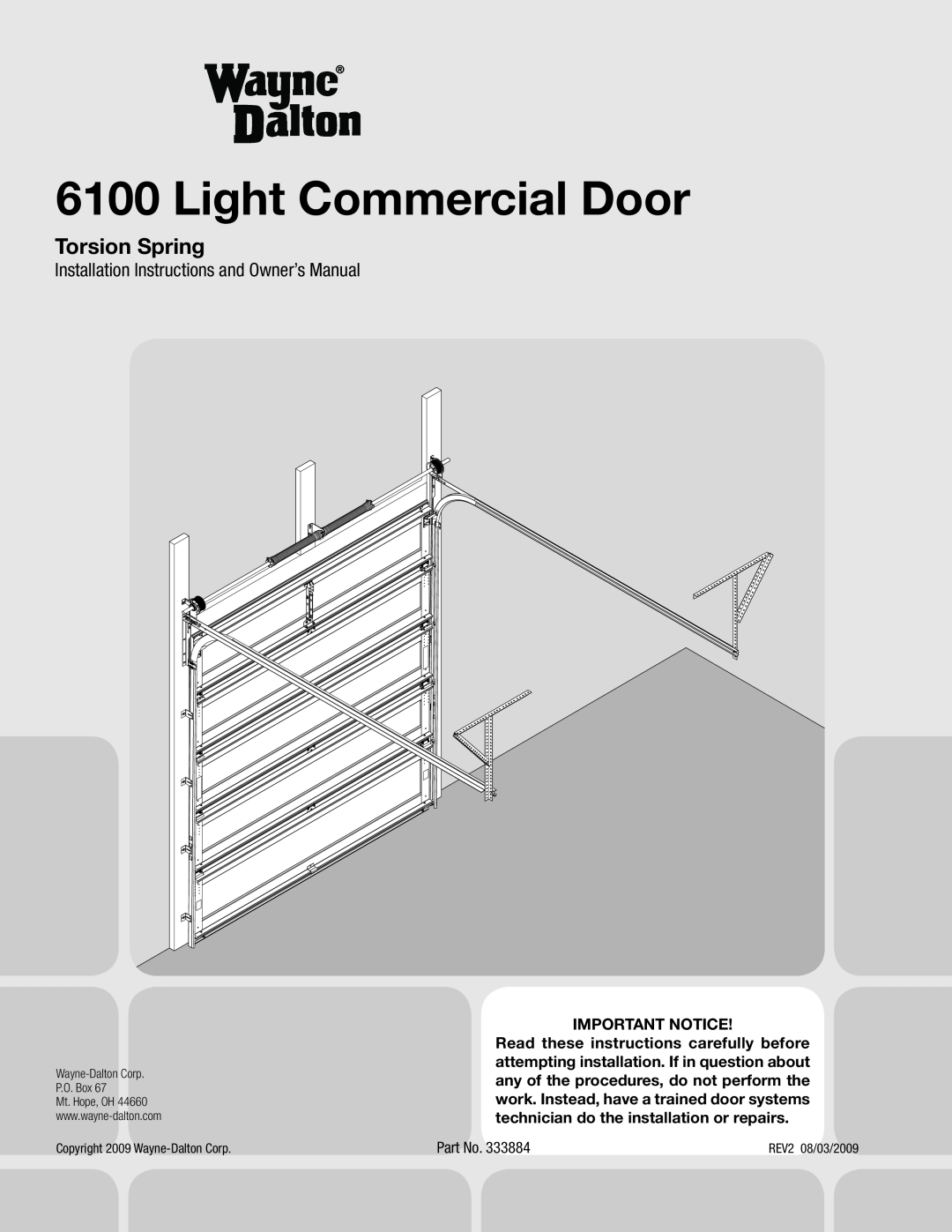 Wayne-Dalton 6100 installation instructions Light Commercial Door, Torsion Spring, Important Notice 