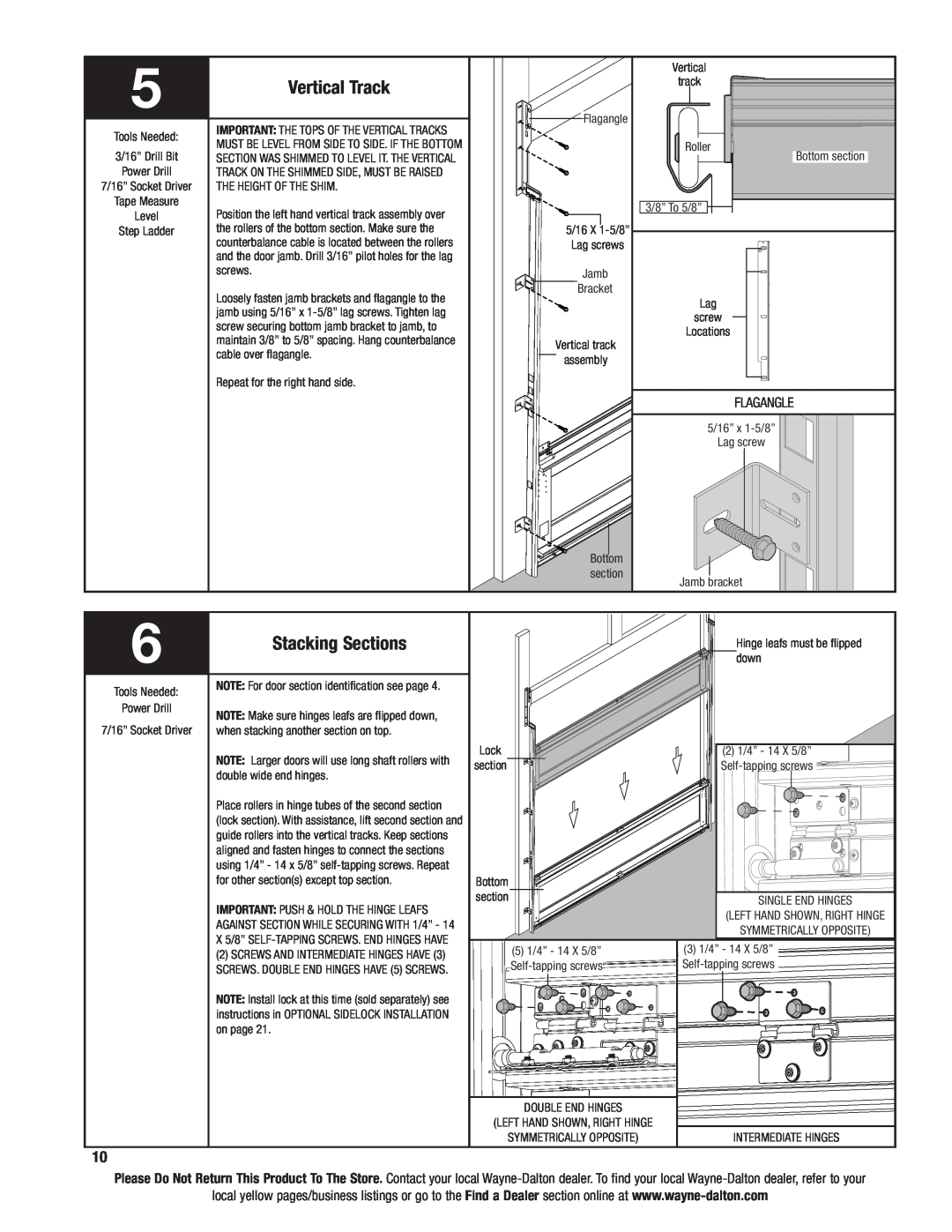 Wayne-Dalton 6100 installation instructions Vertical Track, Stacking Sections, Flagangle 