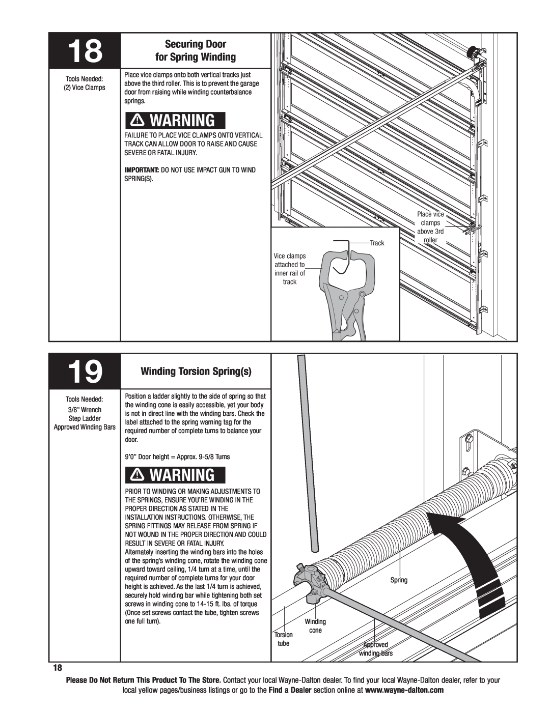 Wayne-Dalton 6100 installation instructions Securing Door, Winding Torsion Springs, for Spring Winding 