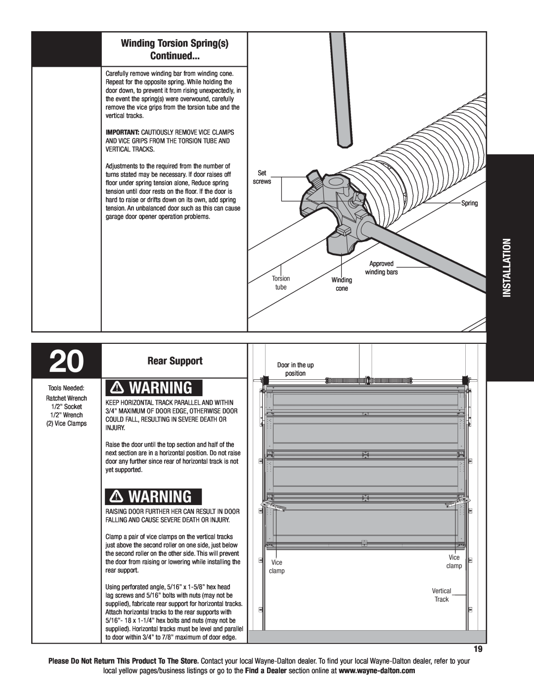 Wayne-Dalton 6100 installation instructions Continued, Rear Support, Winding Torsion Springs, Installation 