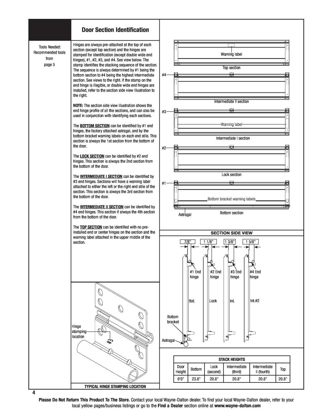 Wayne-Dalton 6100 installation instructions Door Section Identification, SECTION side view 